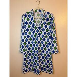 Jude Connally Blue Green GeoPrint Stretch Tunic Dress Preppy Resort Small